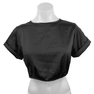 12th Tribe Women's Black Satin Silk Short Sleeve Bow Tie Back Blouse Crop Top M